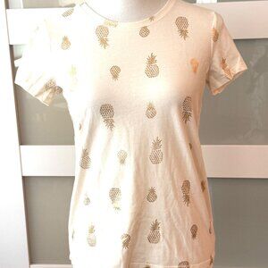 EUC Old Navy Girls  XL(14) Cream Tee Shirt W/ Gold Pineapples Hi-Low Hemline